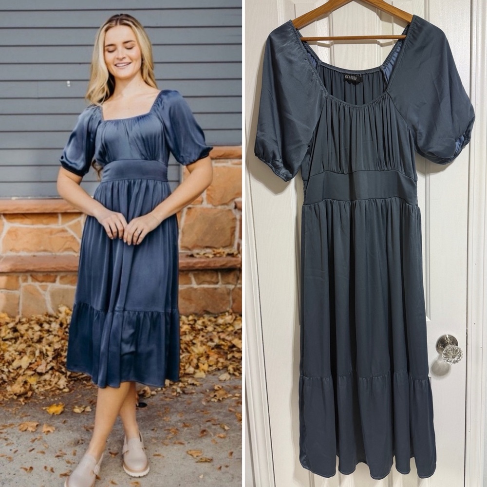 Mikarose Slate Blue Midi Dress with Puff Sleeves